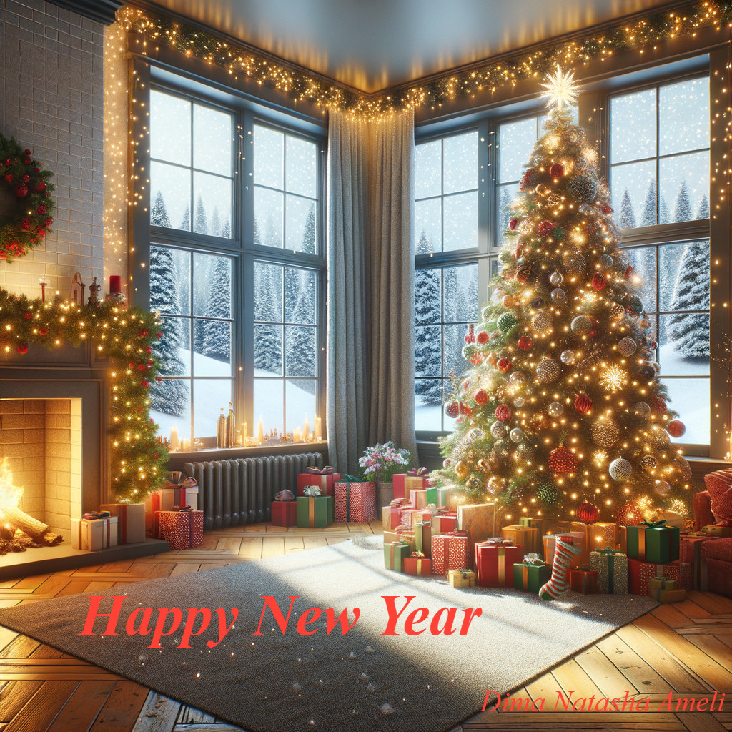 Cozy Living Room with Christmas Tree and Decorations
