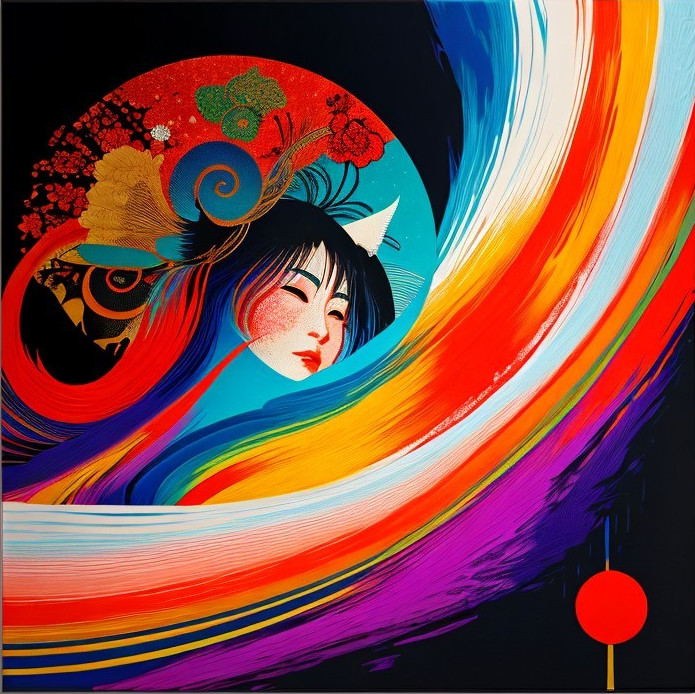 Stylized Female Figure with Colorful Swirls and Headpiece