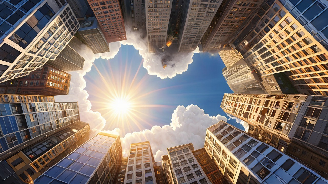 Ground View of Skyscrapers Framing Blue Sky