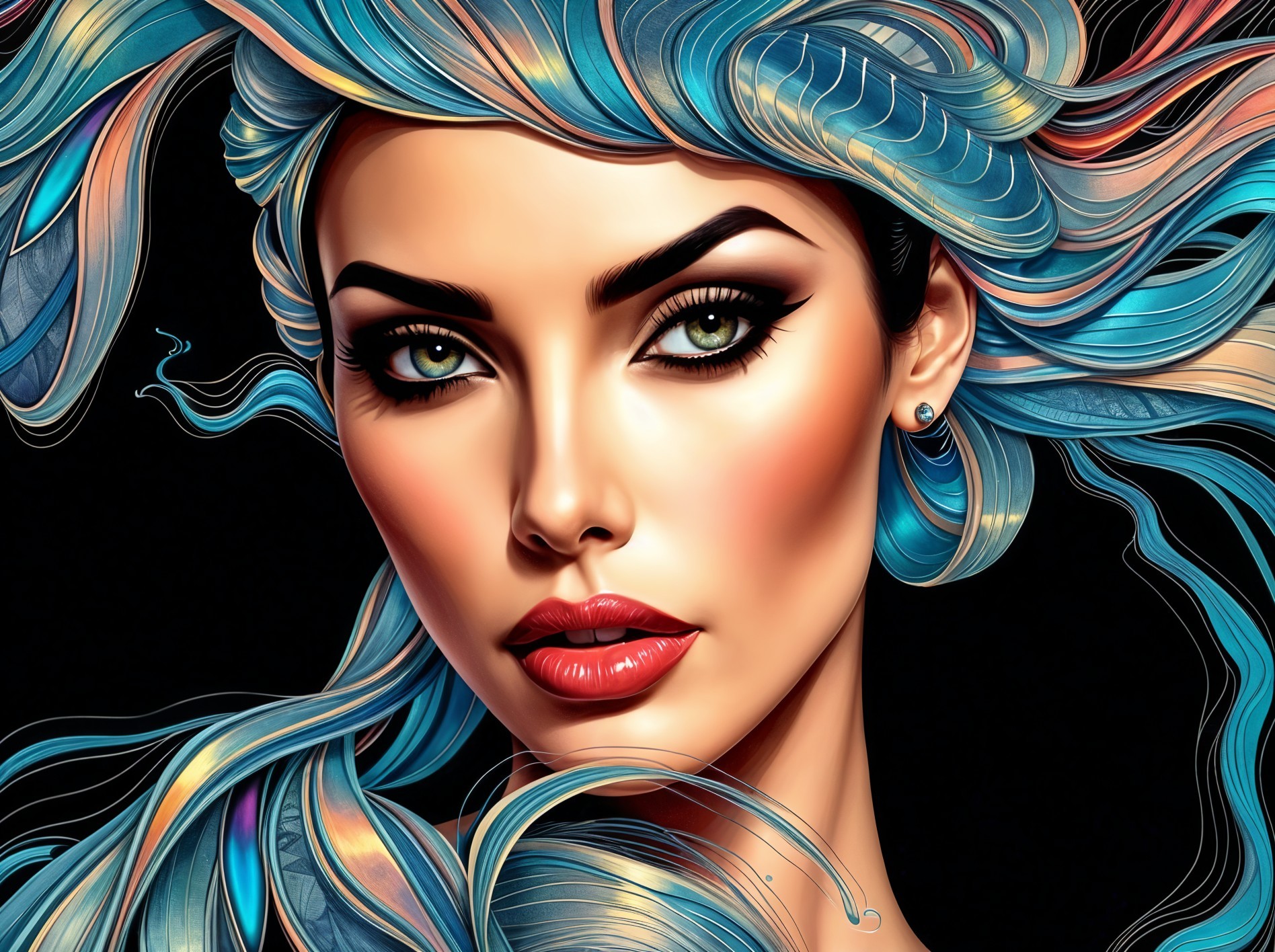 Portrait of a Woman with Colorful Hair and Green Eyes