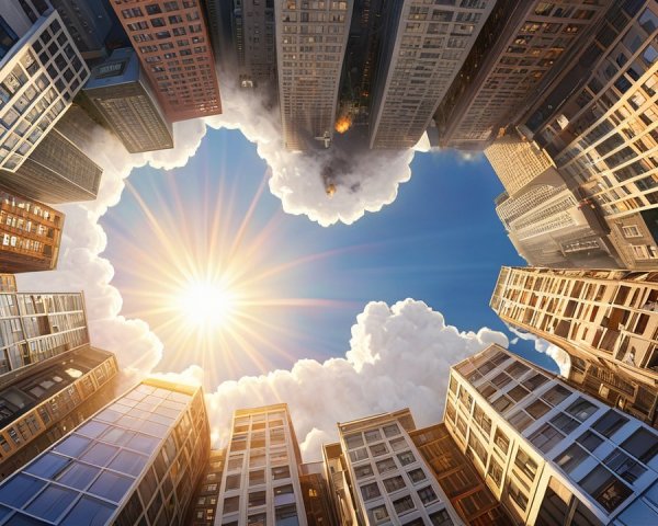 Ground View of Skyscrapers Framing Blue Sky