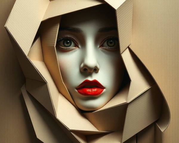 Stylized Human Face in Layered Beige Cardboard Sculpture