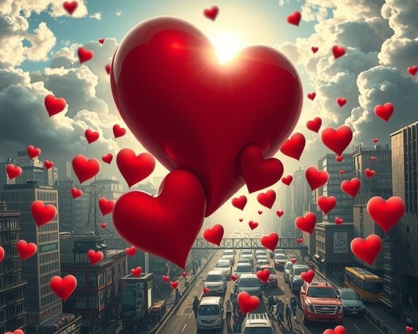 Vibrant Cityscape with Hearts and Dramatic Sky