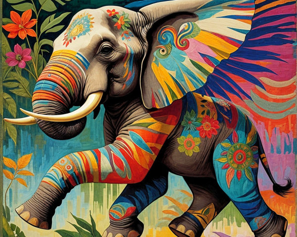 Colorful Elephant with Floral Patterns and Tropical Surroundings