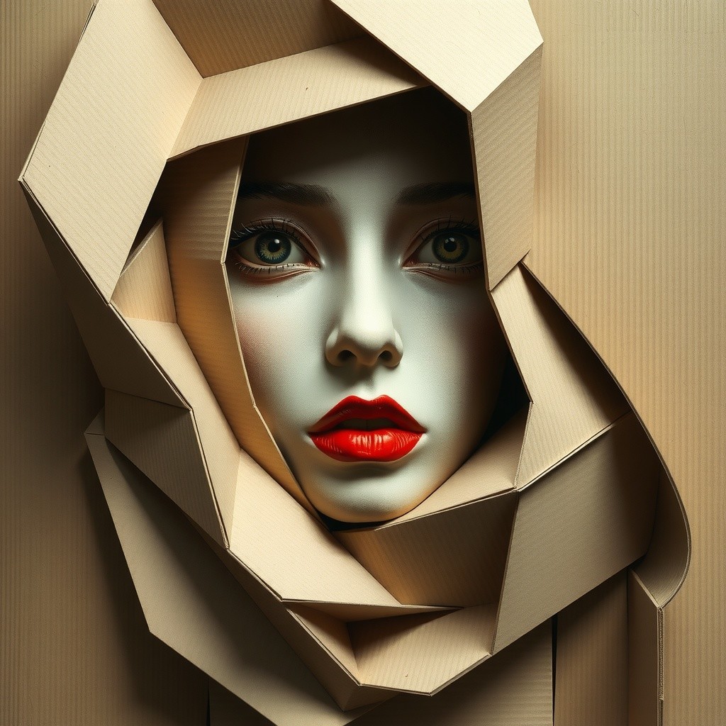 Stylized Human Face in Layered Beige Cardboard Sculpture