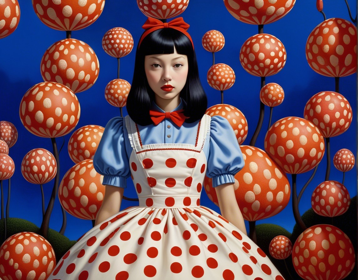 Young girl in whimsical polka-dotted mushroom landscape