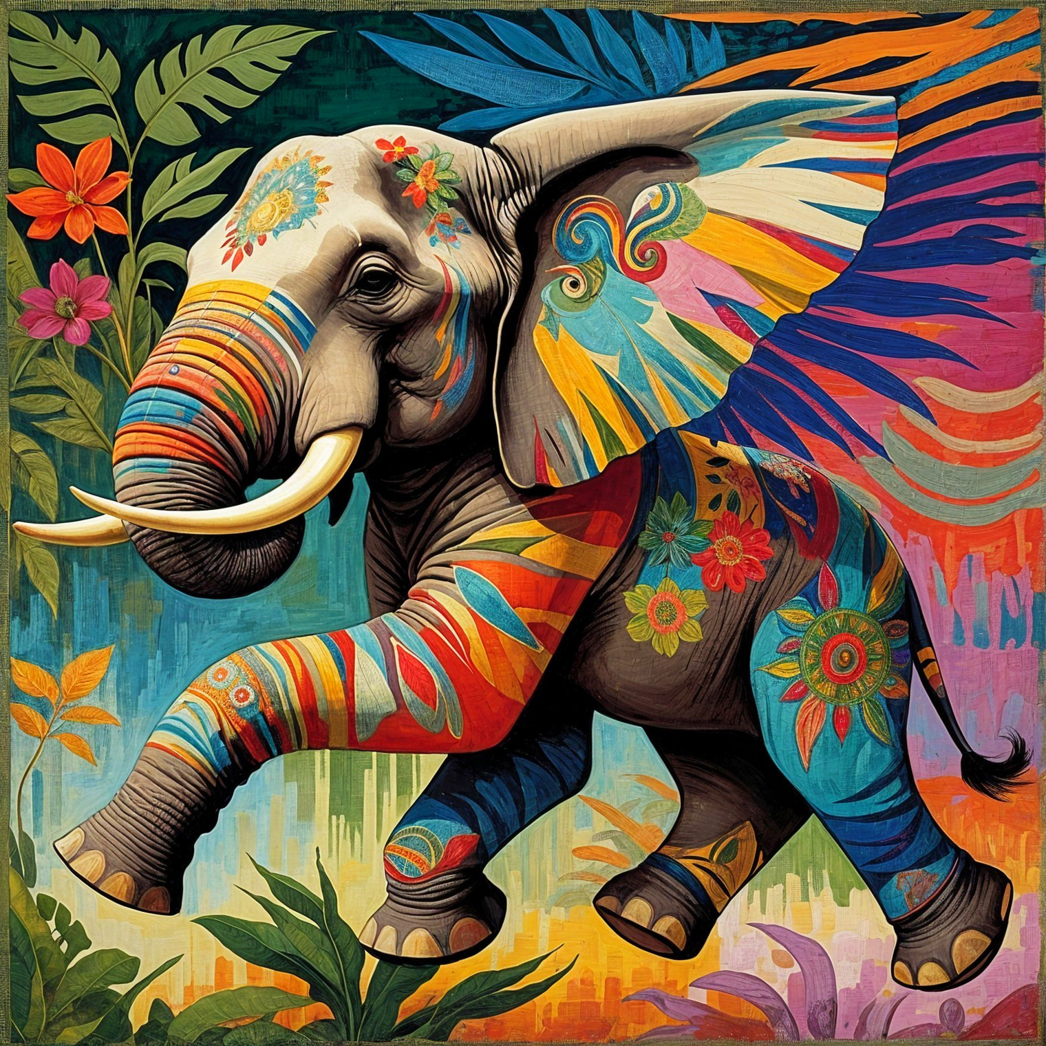 Colorful Elephant with Floral Patterns and Tropical Surroundings