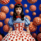 Young girl in whimsical polka-dotted mushroom landscape