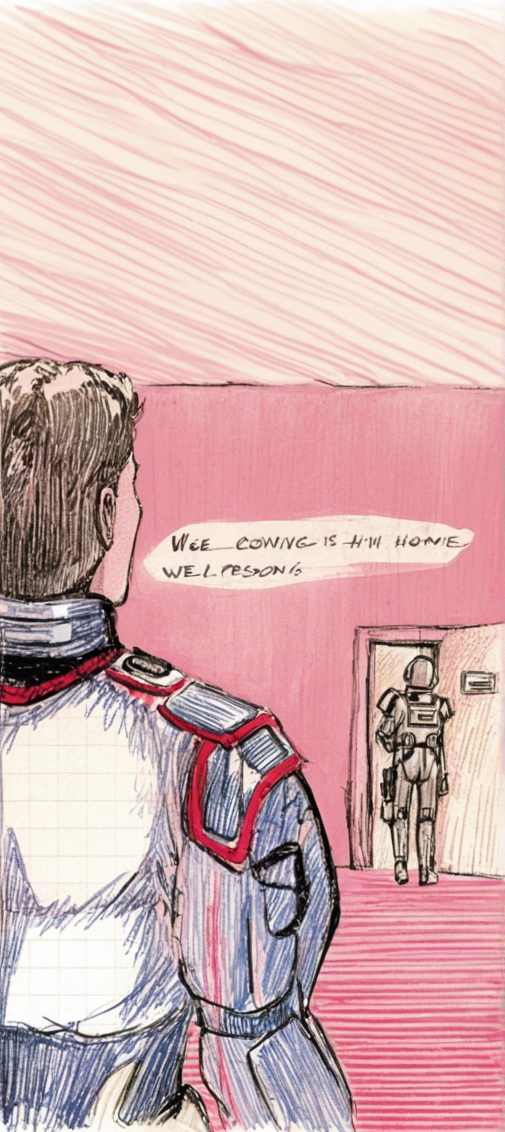 Soldier in Uniform Facing Room with Robotic Figure