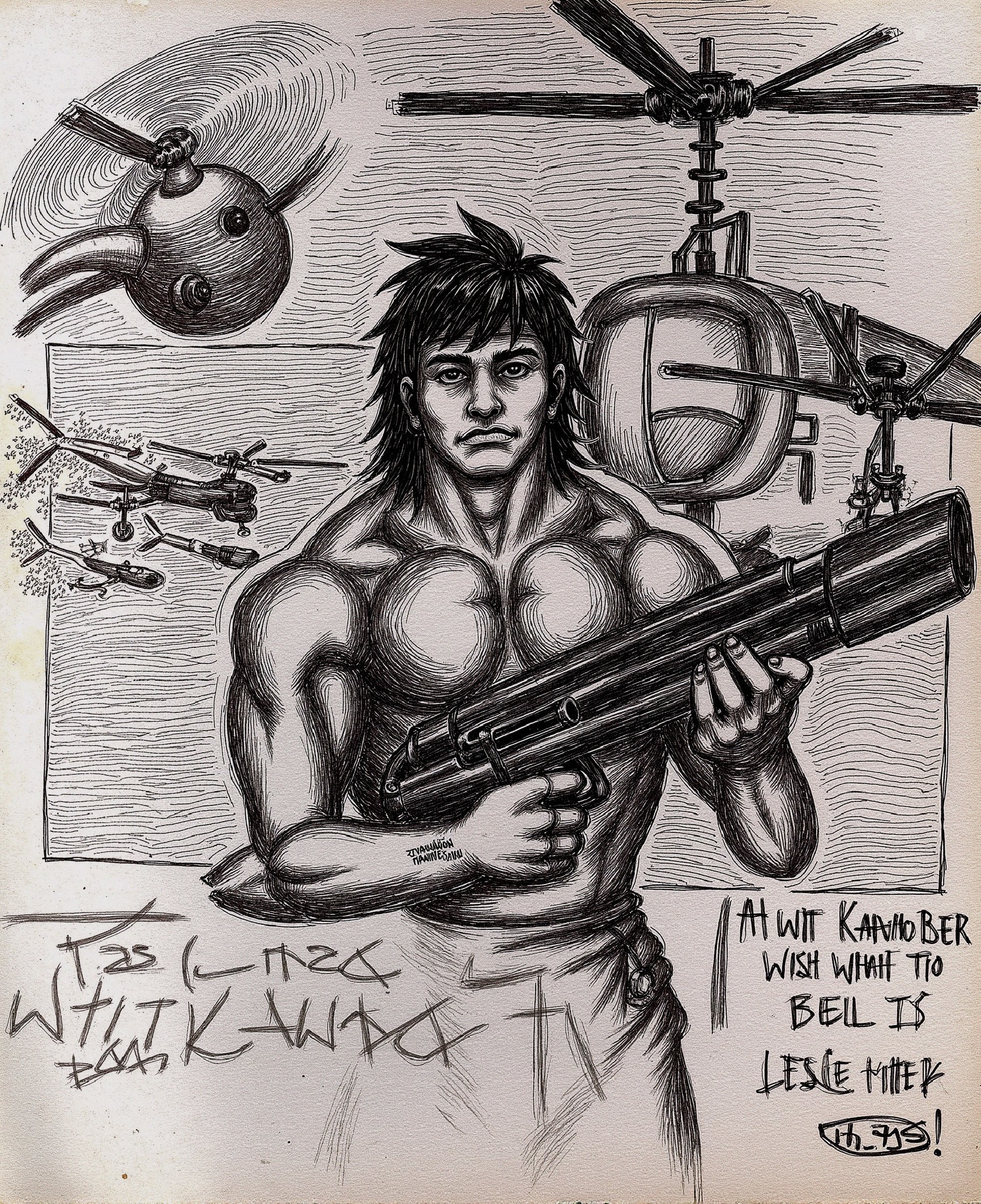 Muscular Man with Gun Surrounded by Helicopters and Machinery