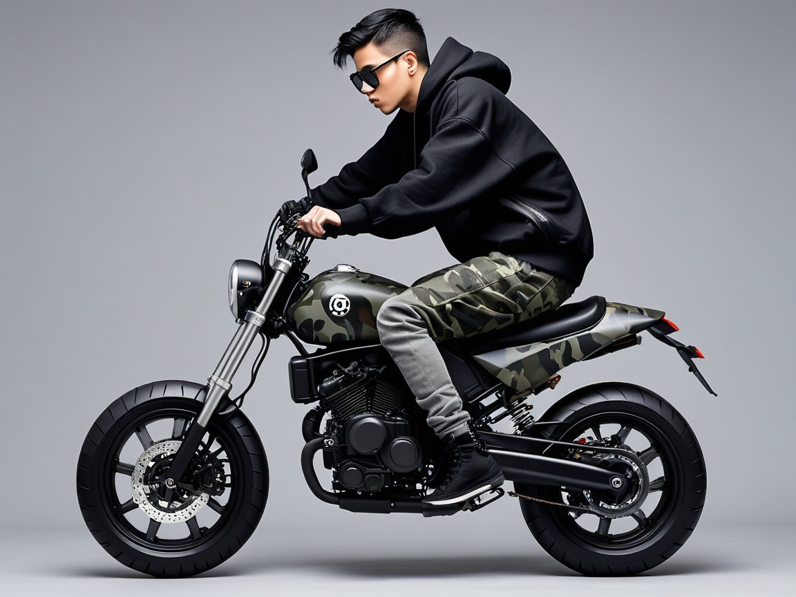Stylish Young Man on Camouflaged Motorcycle in Gray Setting