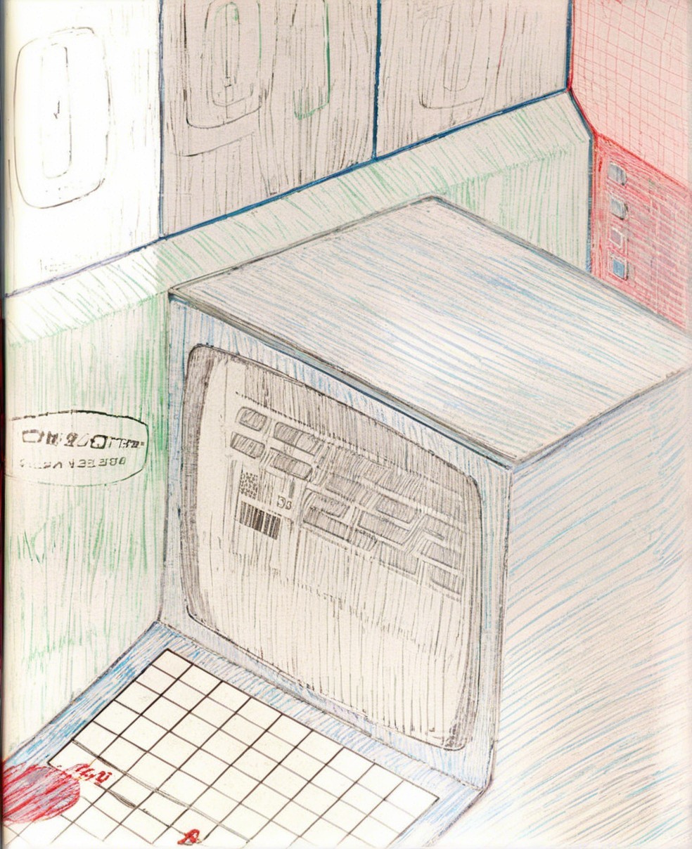 Hand-drawn illustration of a retro computer setup