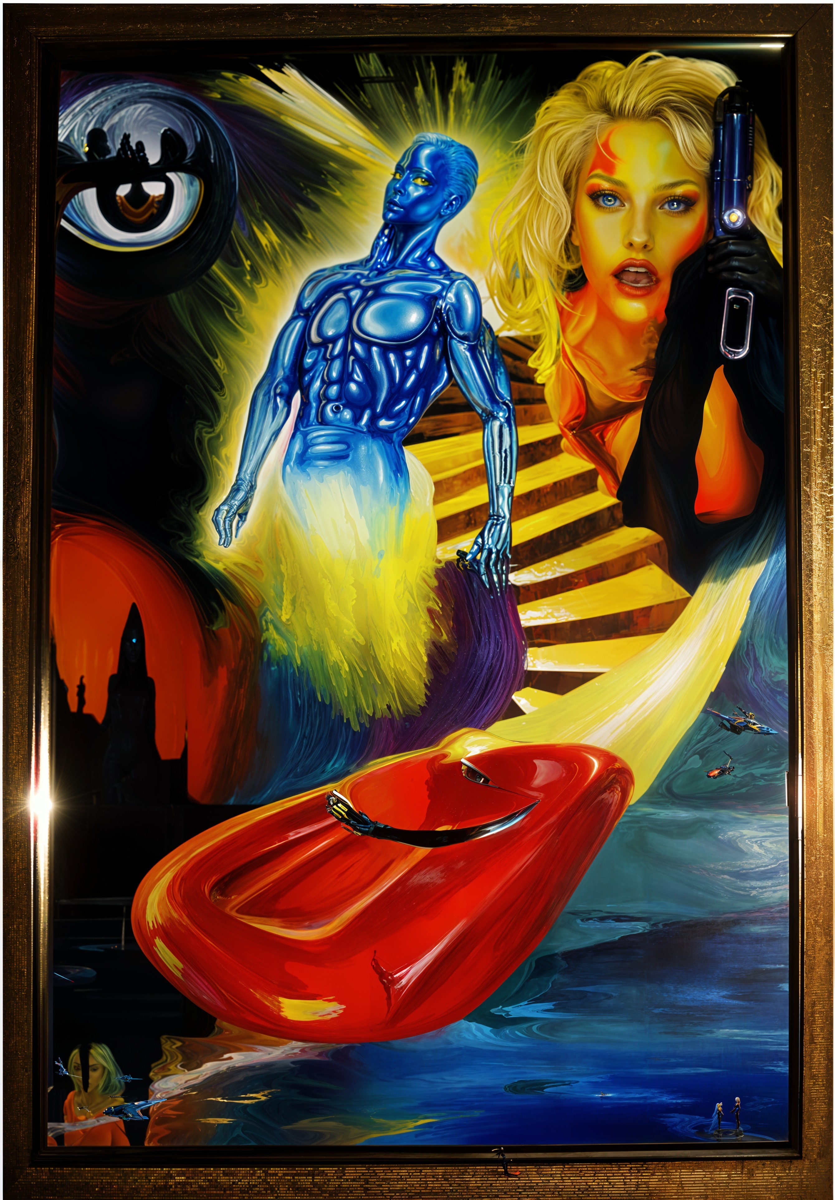 Surrealist Oil Painting Featuring Cyborg and Vibrant Woman