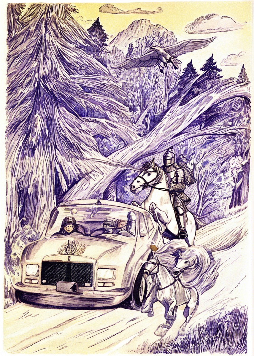 Surreal Scene of Luxury Car and Knight in Fantasy Landscape