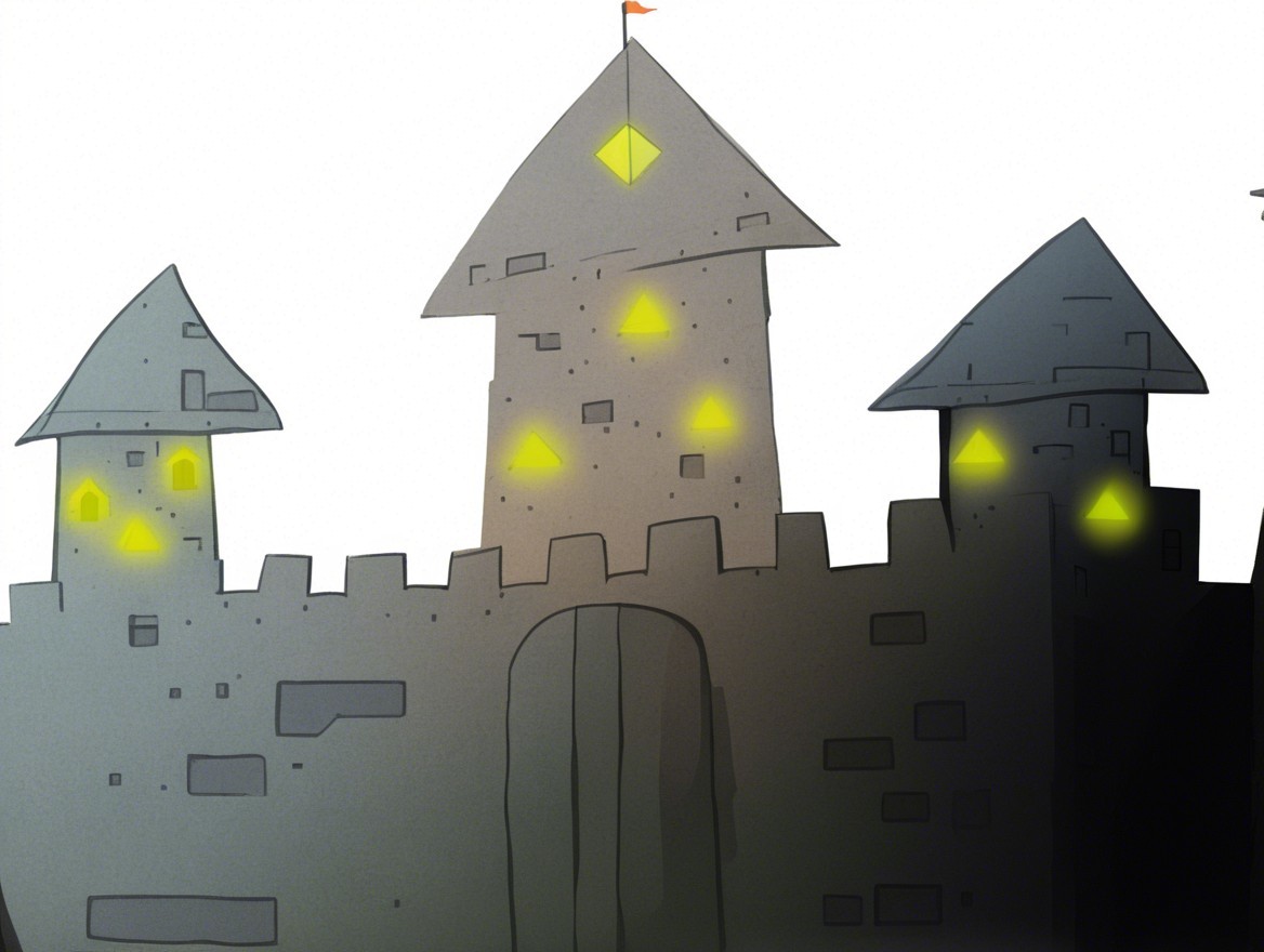 Stylized gray stone castle with angular towers and flags