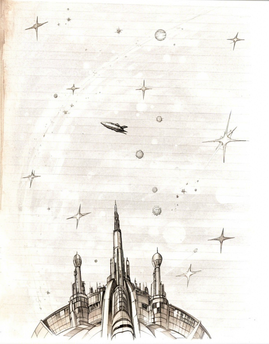 Futuristic Cityscape with Spaceship and Celestial Bodies