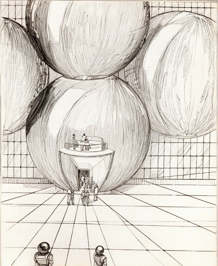 Futuristic Scene with Spherical Structures and Astronauts