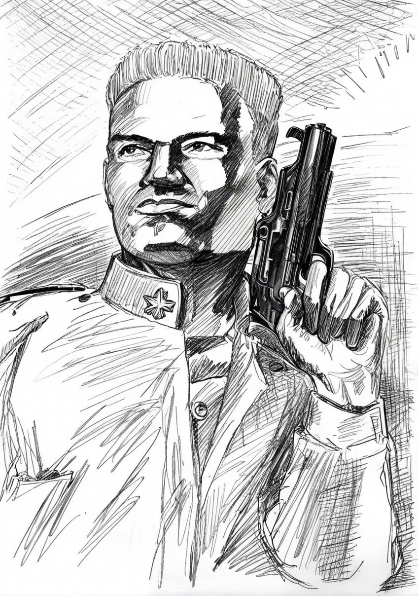 Stylized Illustration of Confident Male Figure with Handgun
