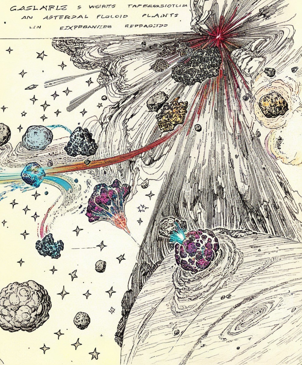 Vibrant Cosmic Scene with Asteroid Field and Eruption