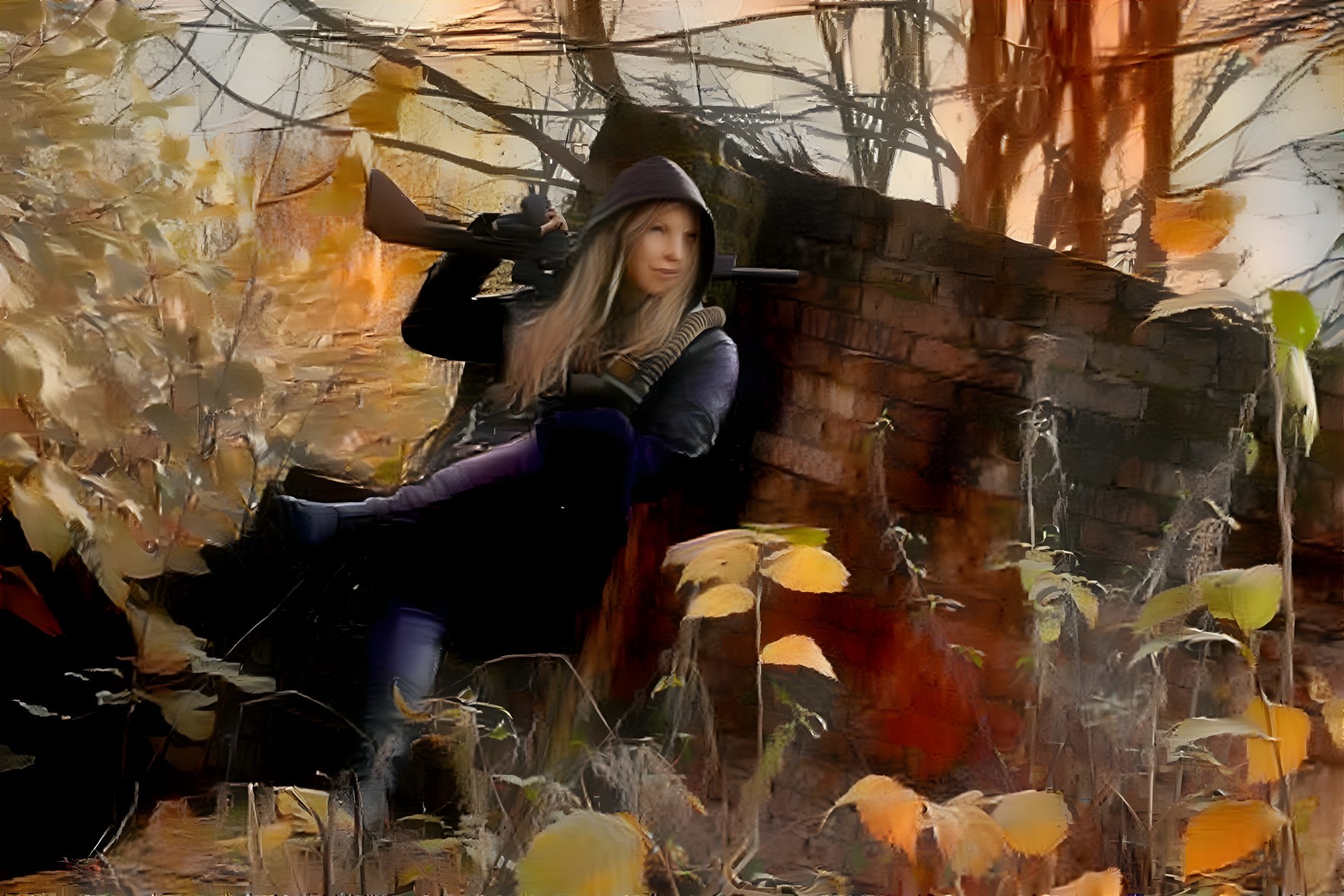 Autumn Landscape with Hooded Figure and Rifle