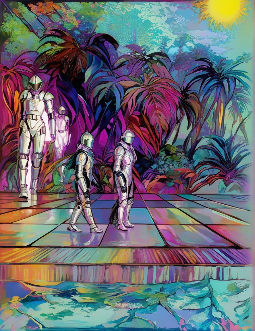 Futuristic Robots in a Vibrant Tropical Landscape