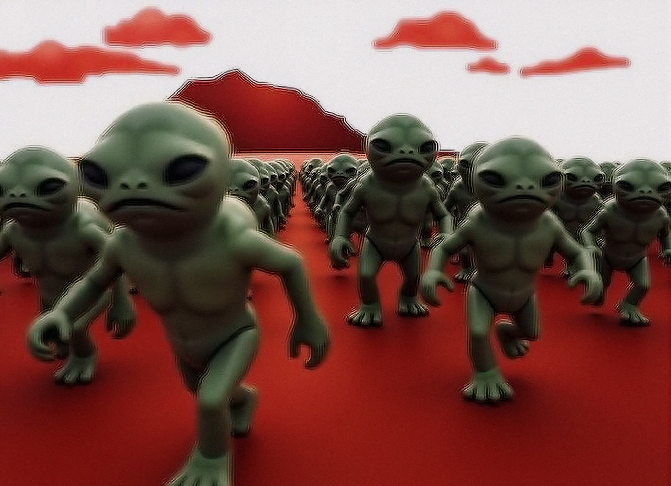 Humanoid Aliens Marching in a Red Landscape Scene