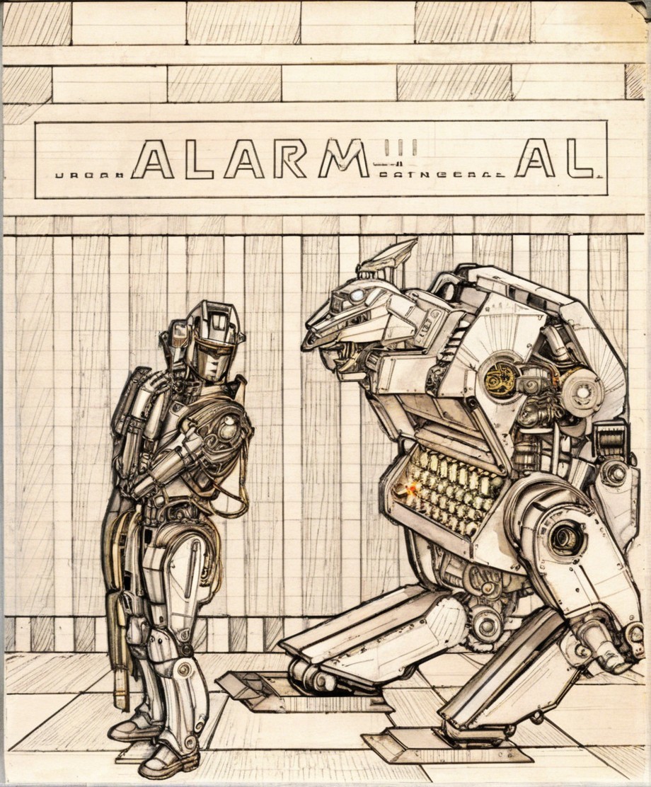 Futuristic Scene with Humanoid and Bear-like Robot