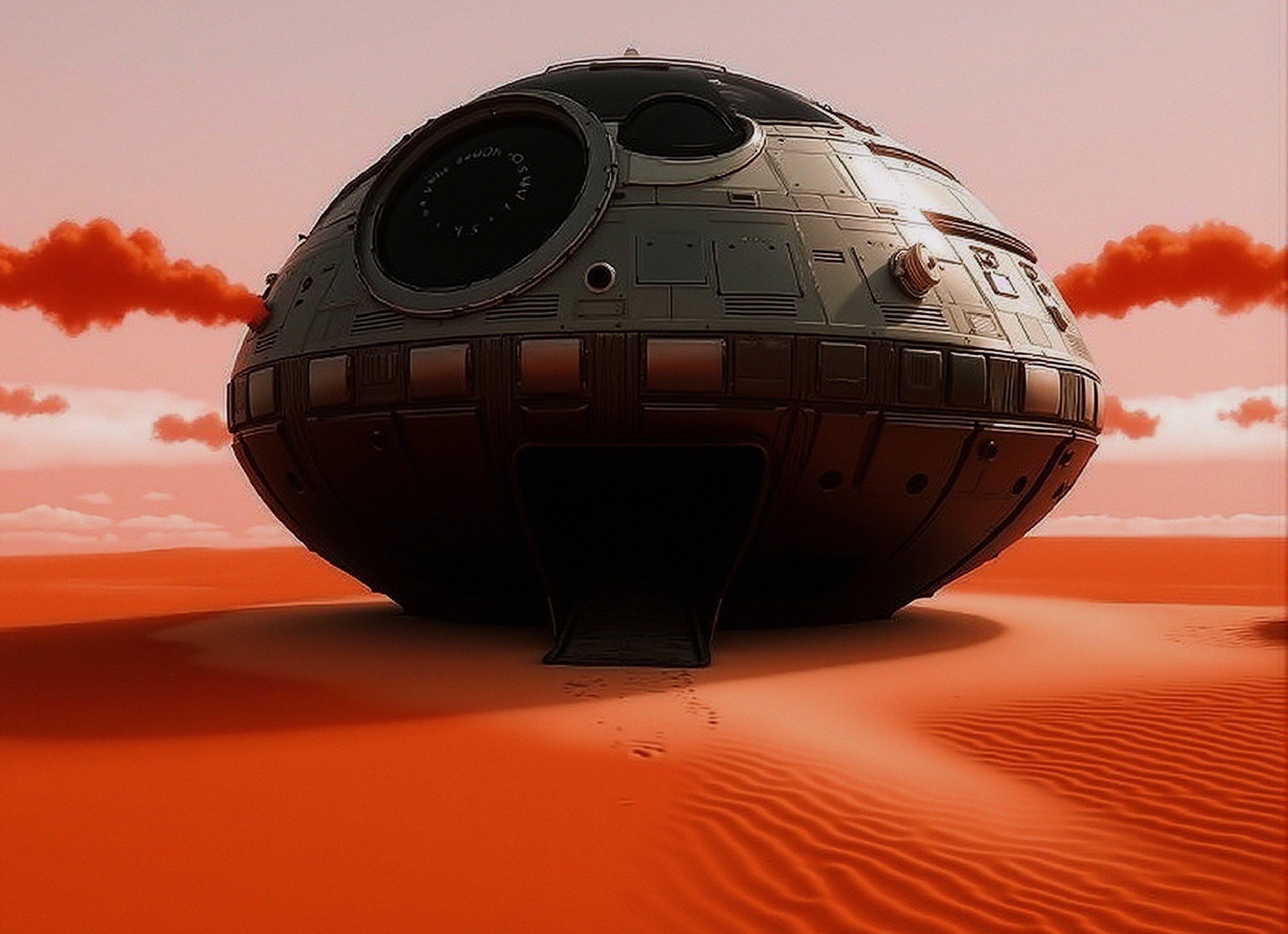 Futuristic spacecraft on orange desert landscape
