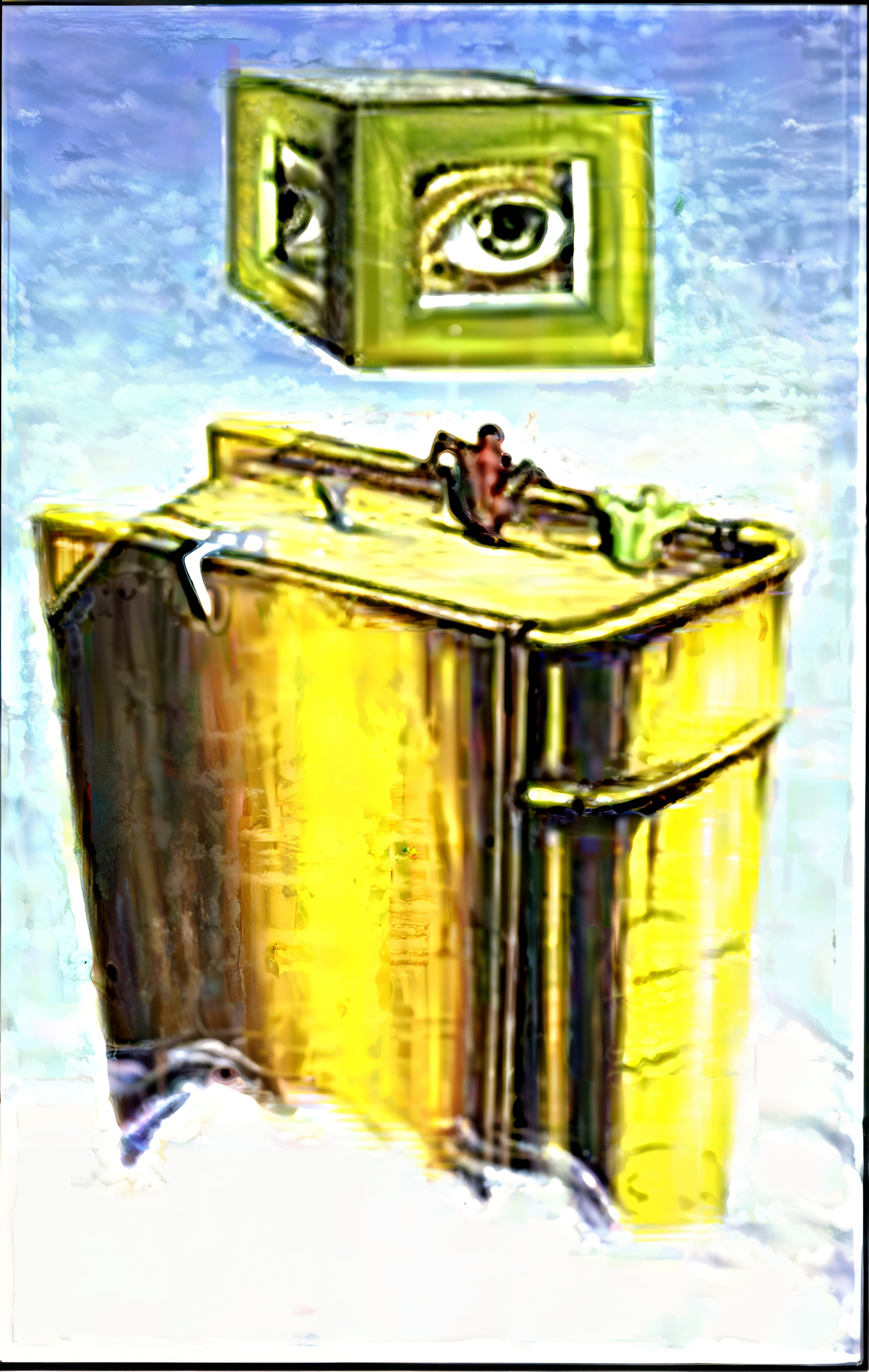Yellow Dumpster with Green Cube and Small Figures