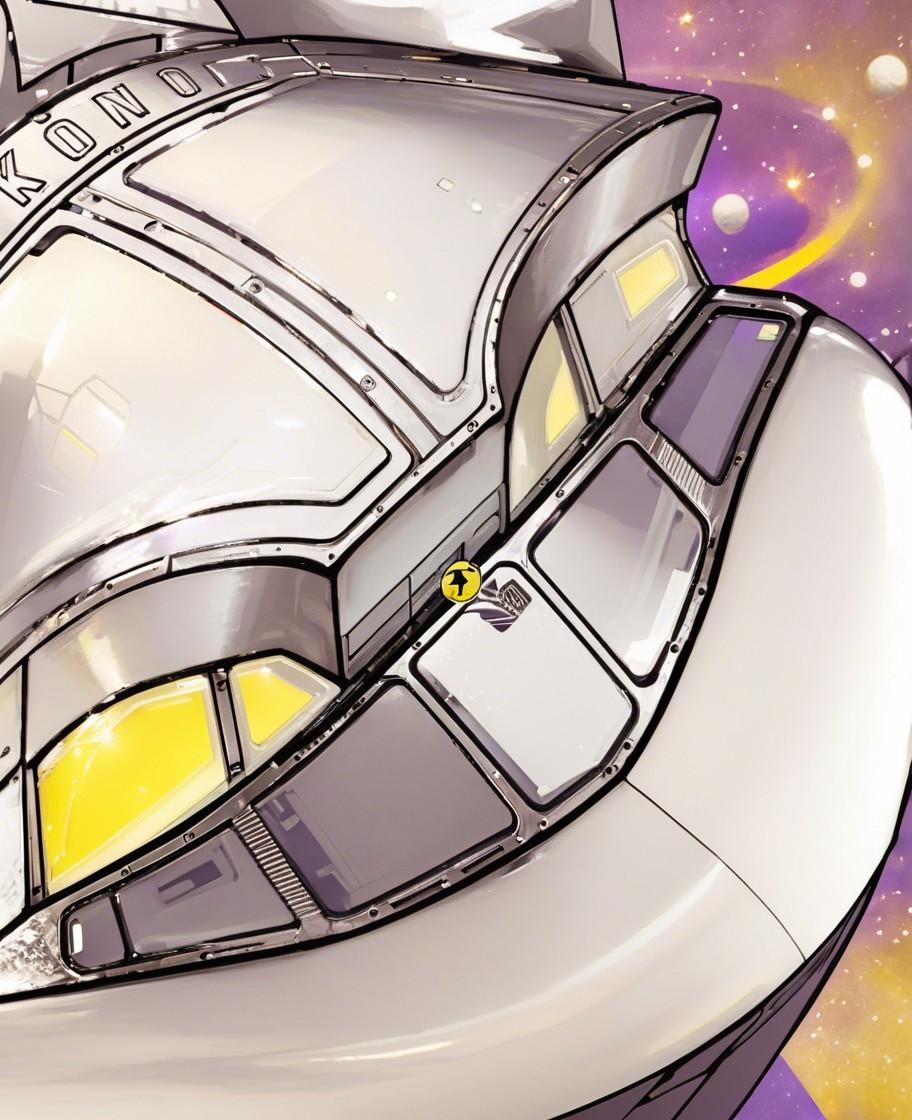 Futuristic spacecraft in a cosmic scene with galaxies