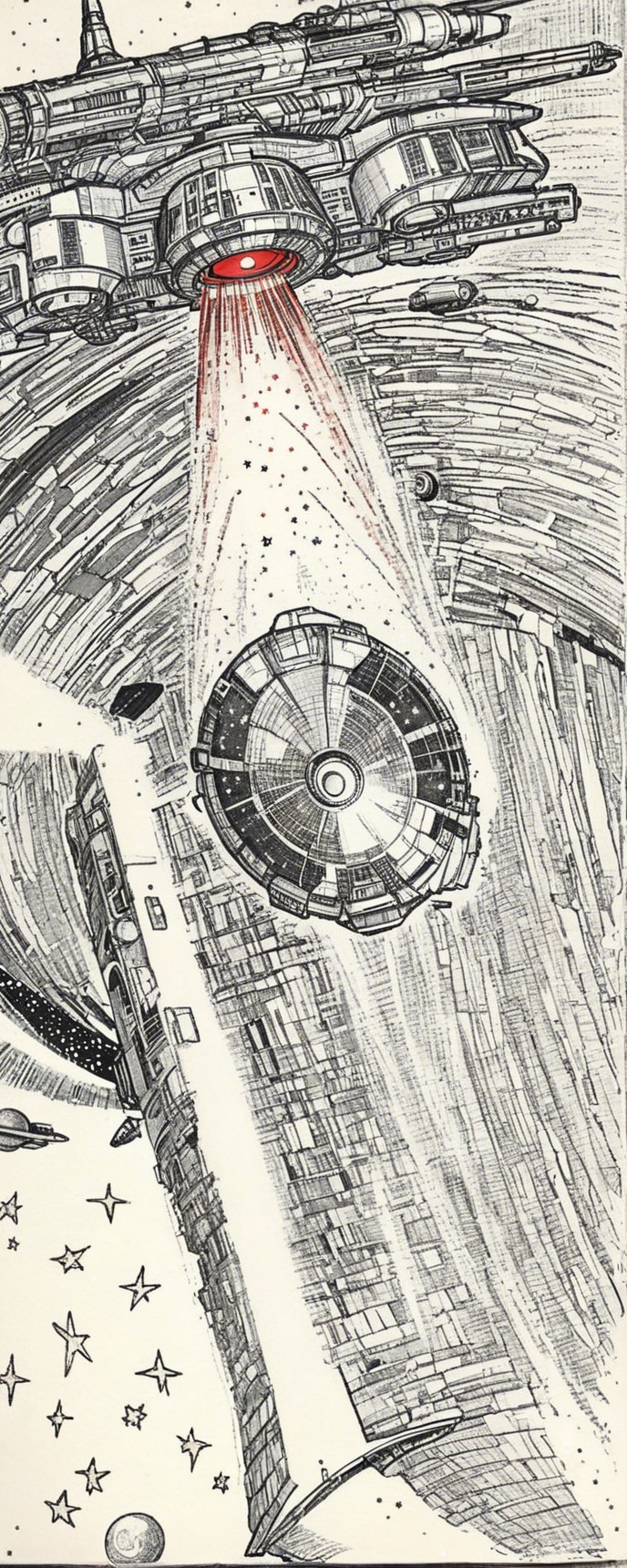 Futuristic spaceship and celestial structure illustration