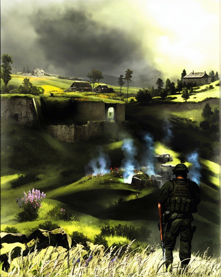 Soldier in Grassy Terrain Amidst Destruction and Smoke