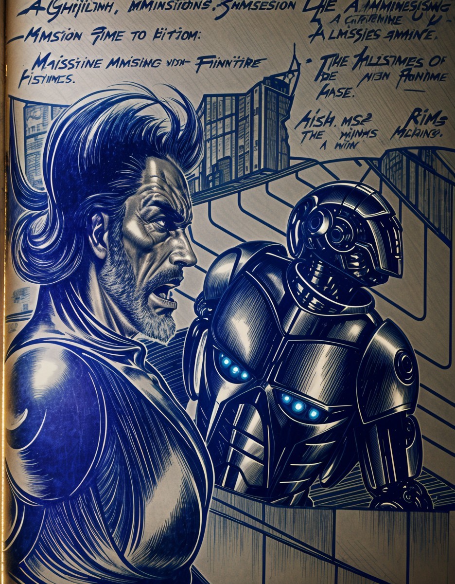 Muscular Hero Faces Futuristic Robot in Sci-Fi Setting