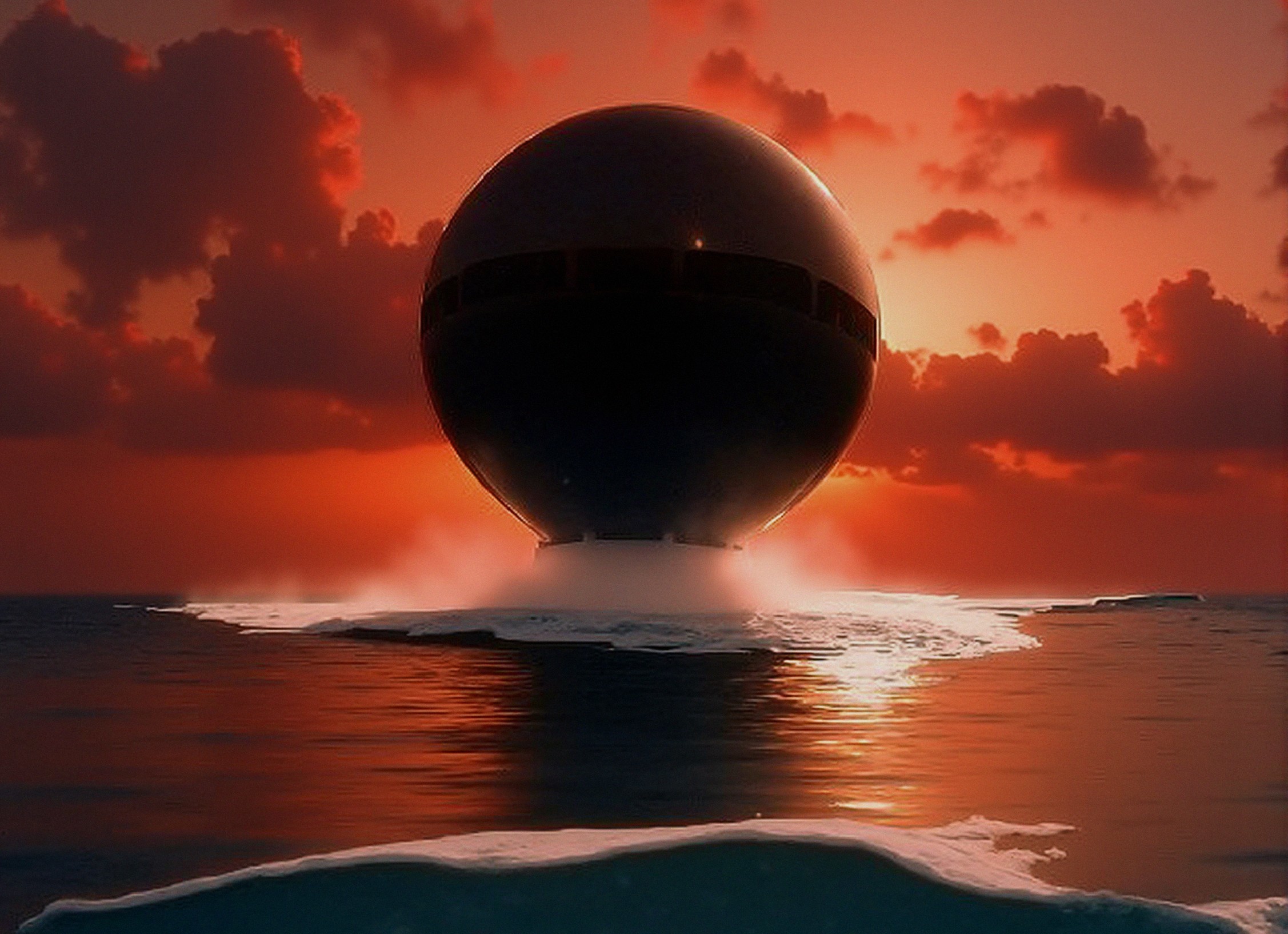 Black Sphere Rising from Ocean at Sunset