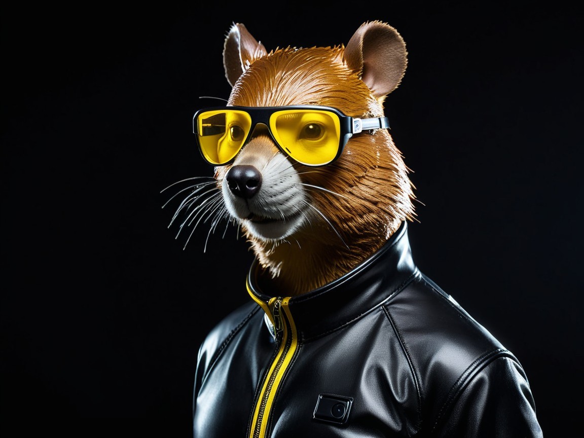 Stylized animal figure in sunglasses and leather jacket