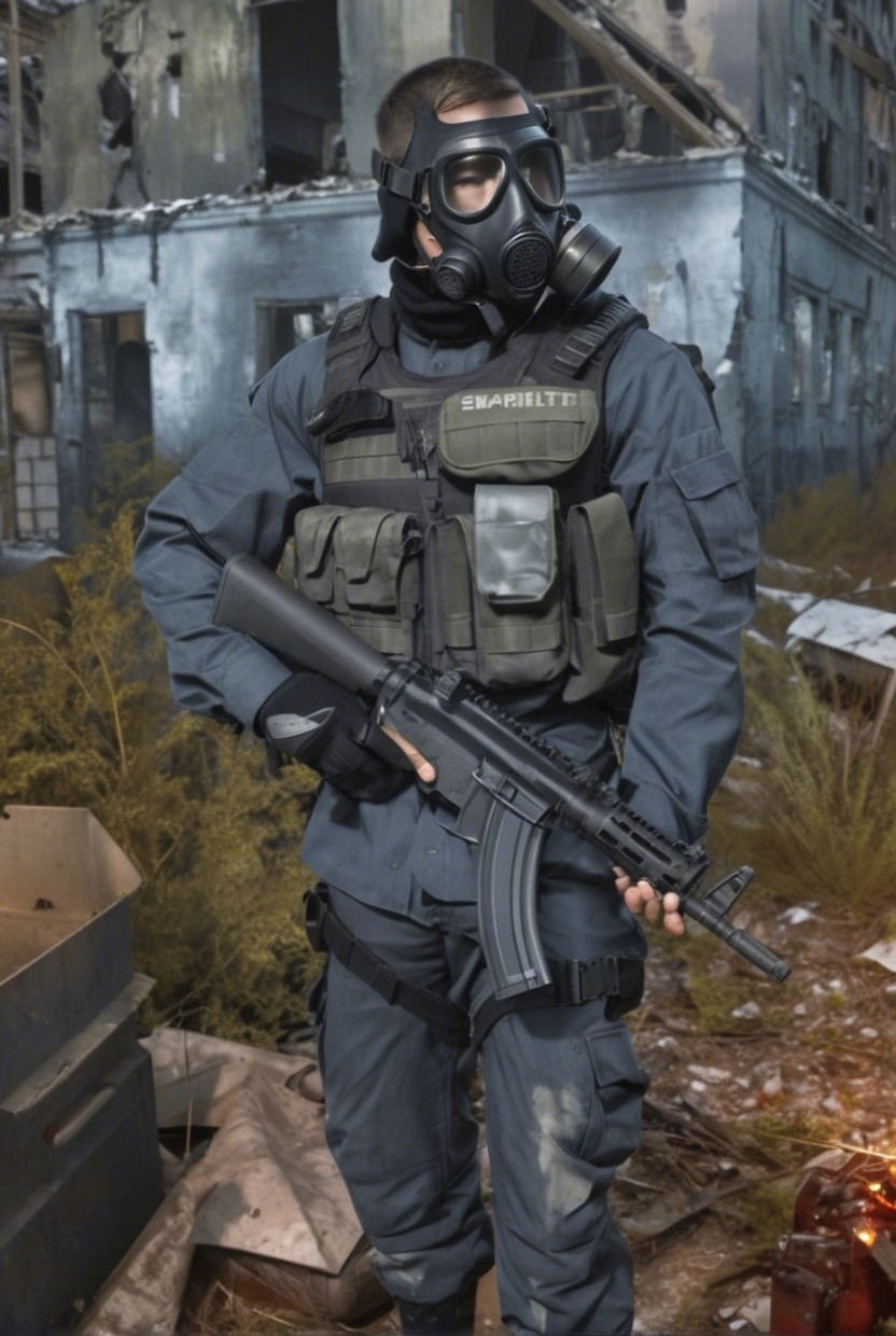 Soldier in Tactical Gear in Post-Apocalyptic Urban Scene