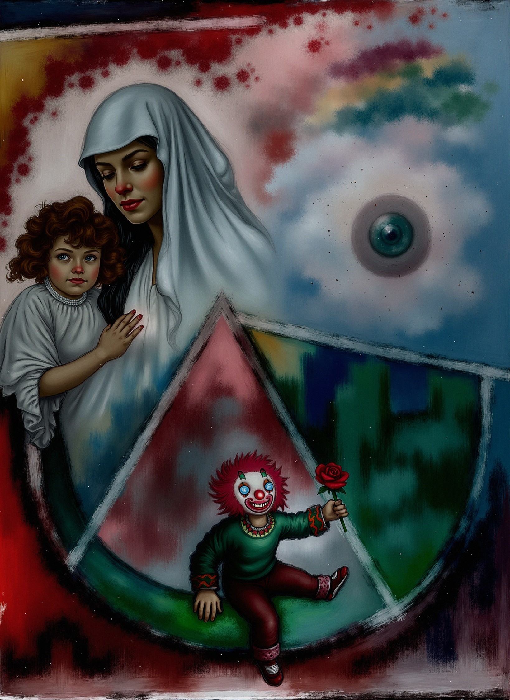 Surreal Composition with Woman, Child, and Clown