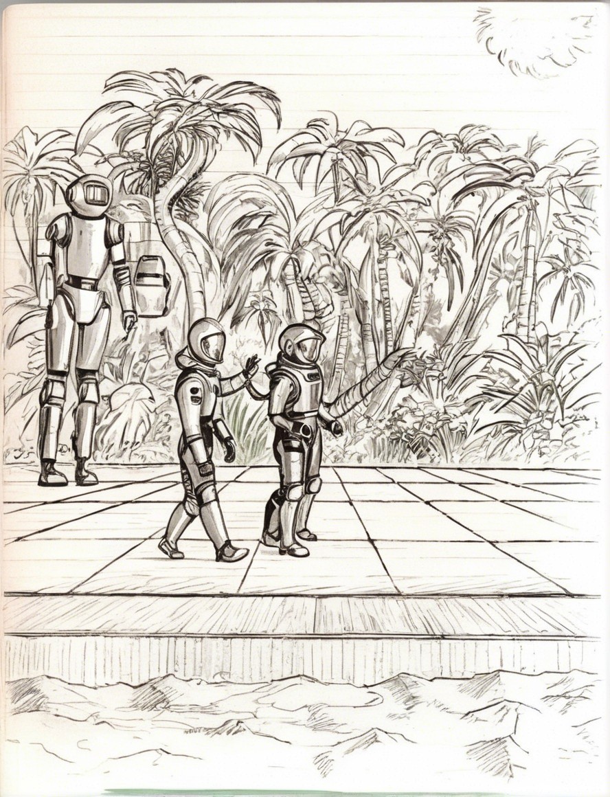 Astronauts in Tropical Setting with Robotic Figure