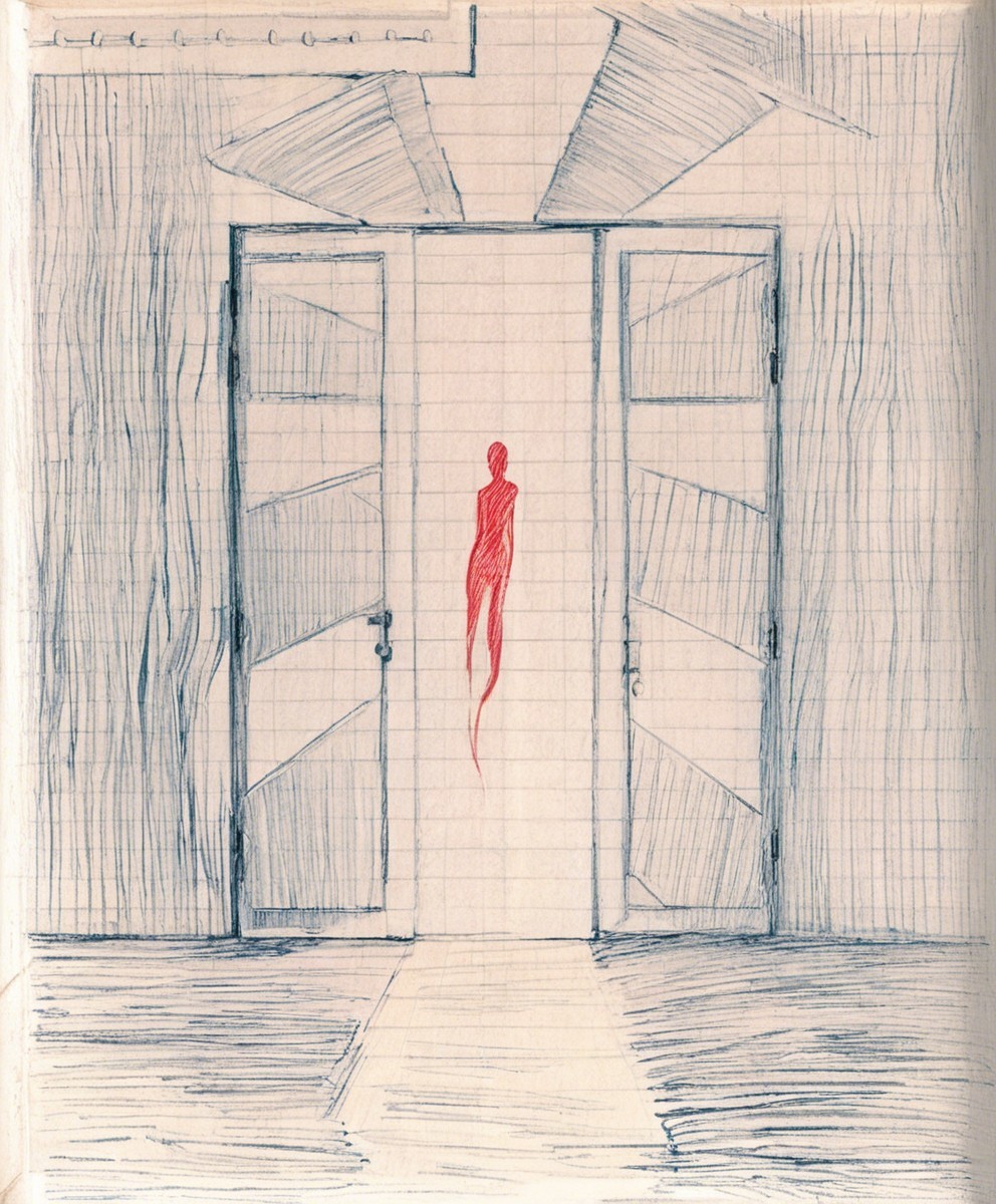 Interior Sketch with Wooden Doors and Red Figure