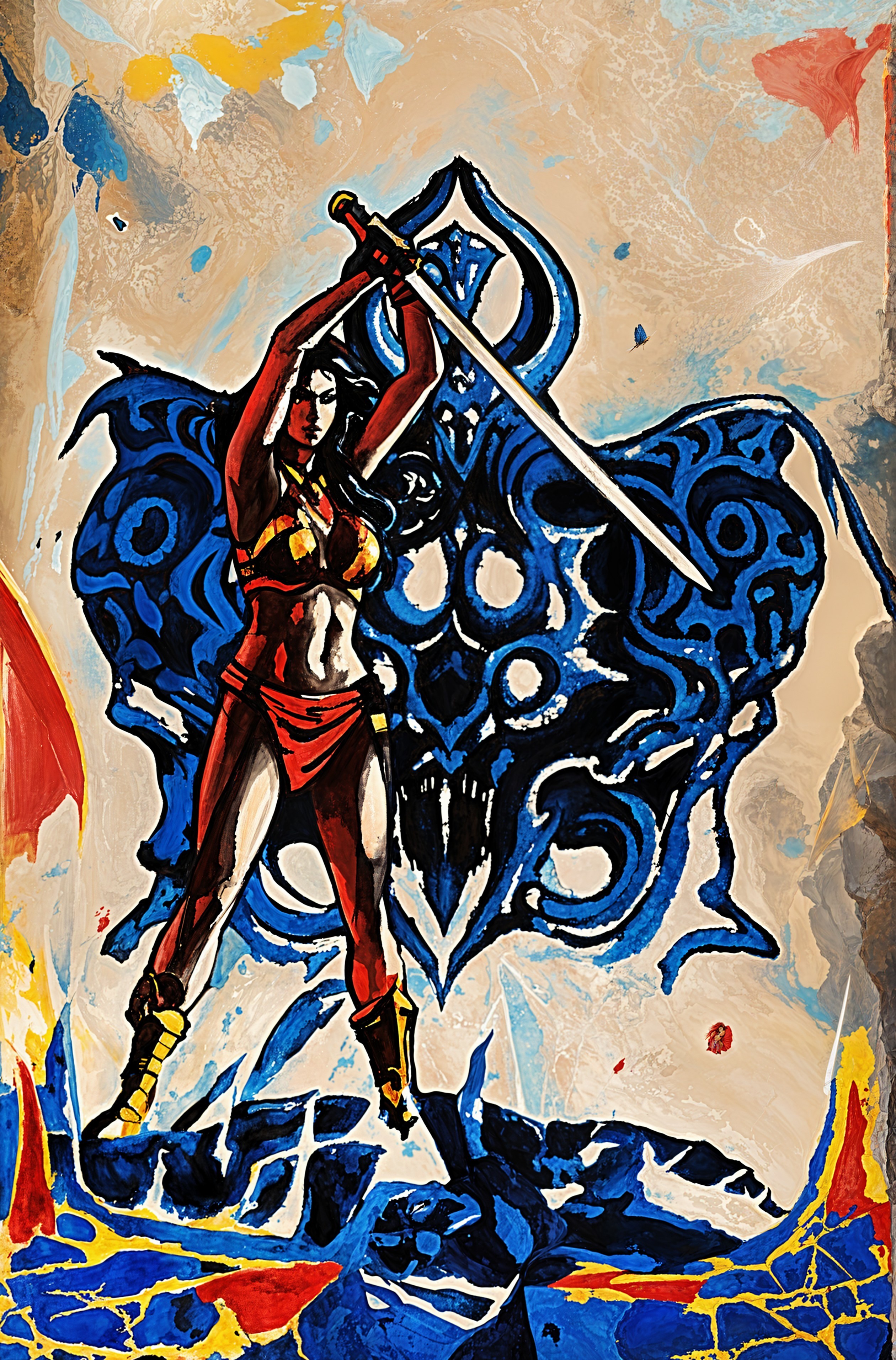 Vibrant Comic Style Painting of Female Warrior Triumph