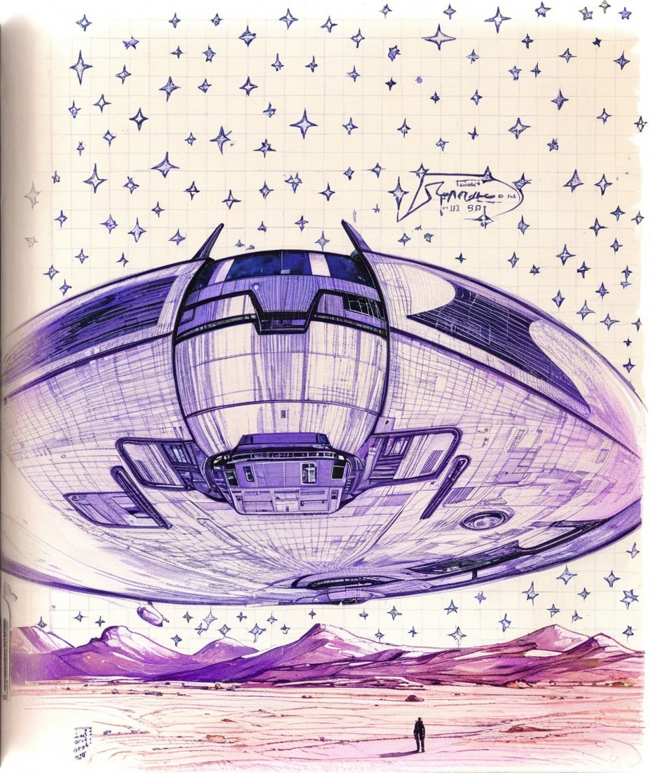 Futuristic spaceship over barren landscape in sci-fi scene