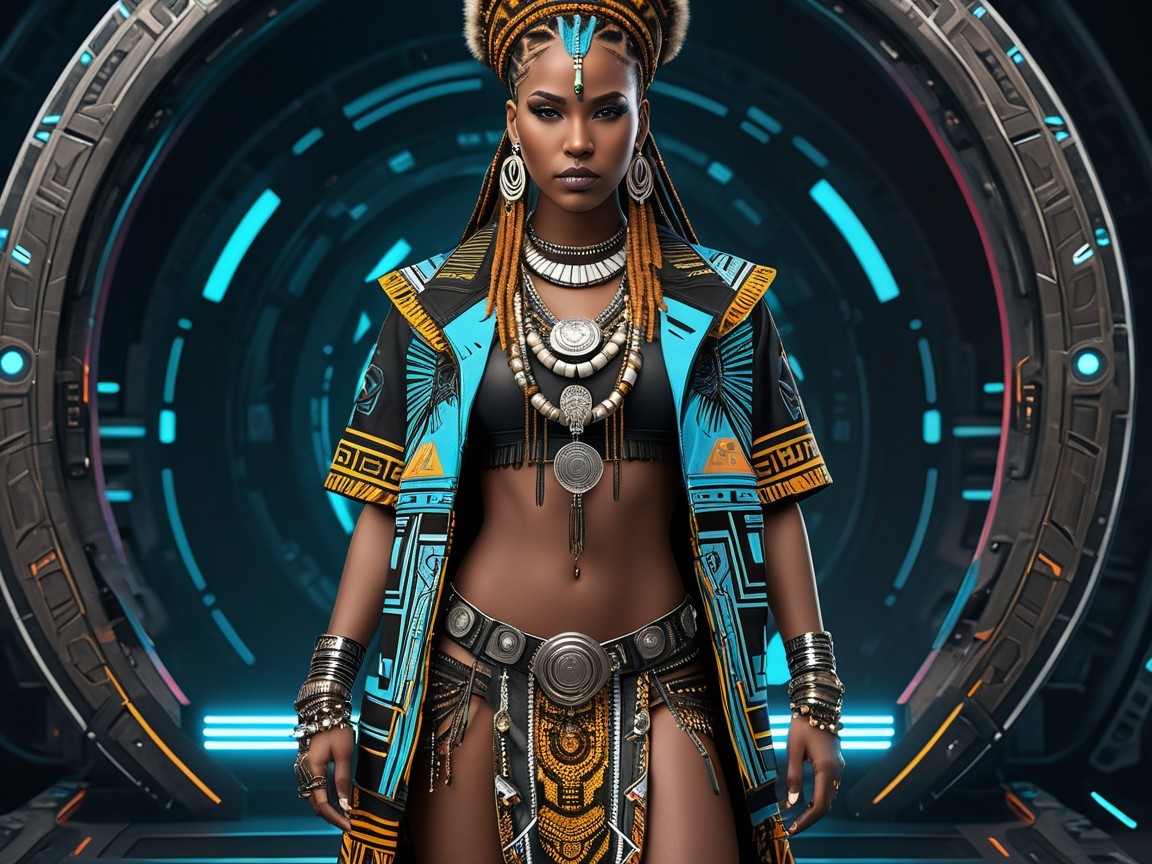 Futuristic Figure in Vibrant Attire and Accessories