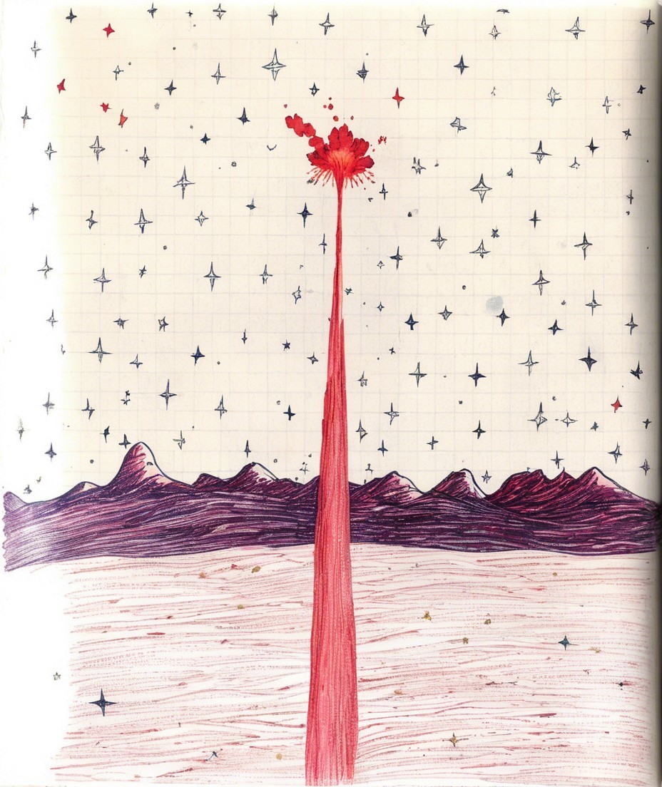 Surreal Landscape with Red Column and Starry Sky