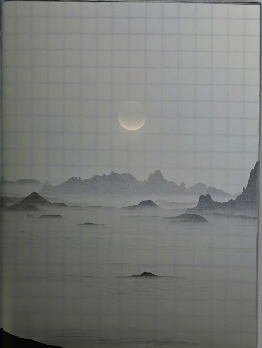 Misty Mountains and Moonlit Water Landscape Scene