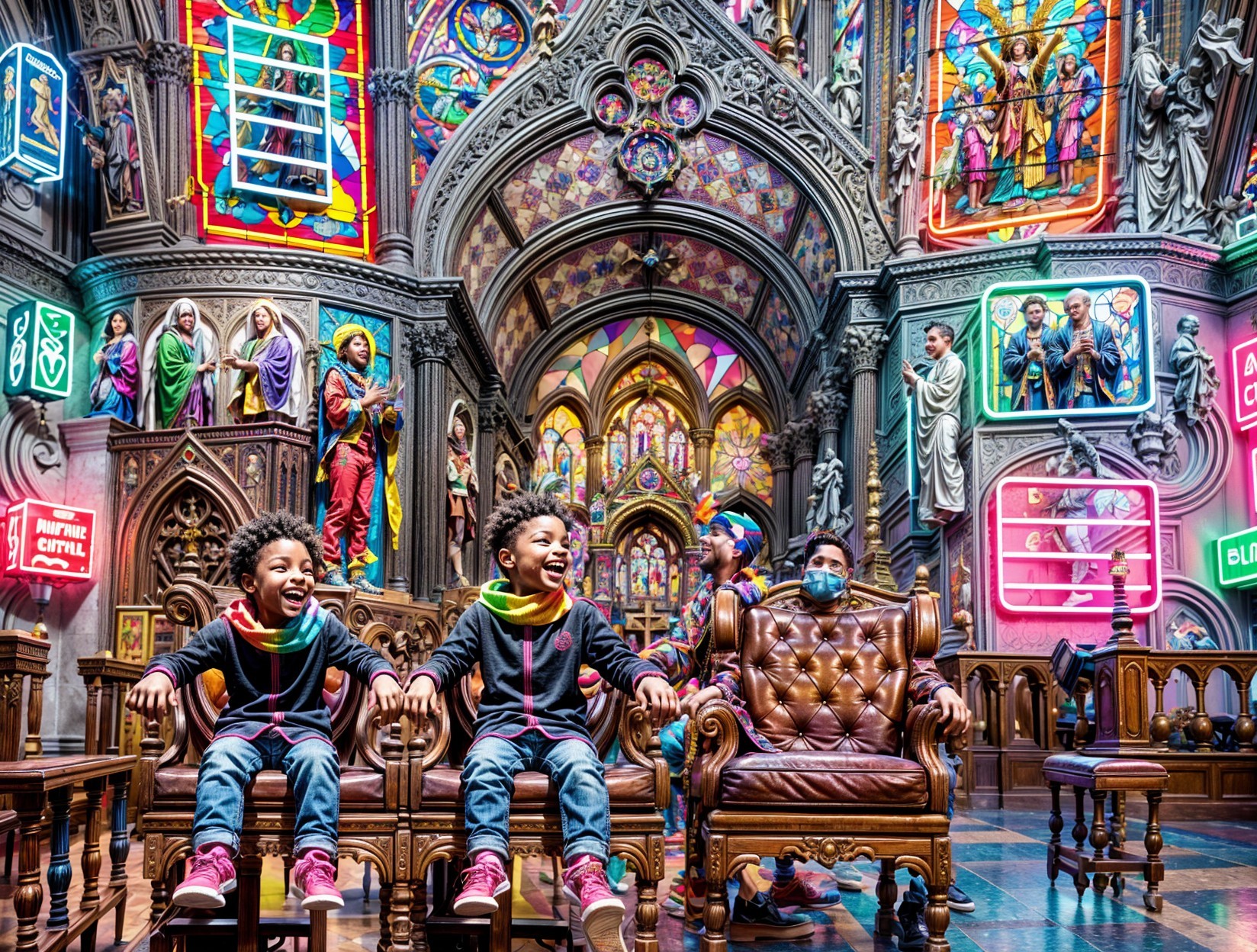 Joyful Boys in Colorful Scarves in Fantastical Church