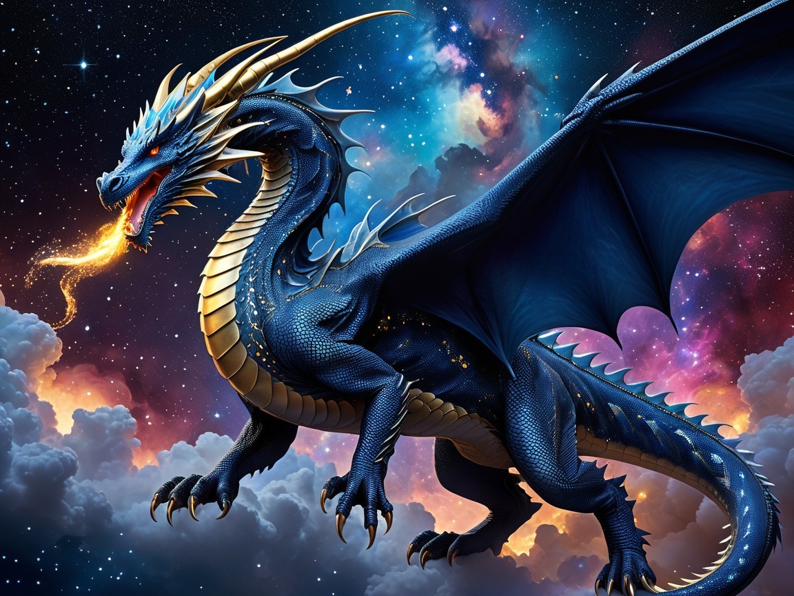 Majestic blue dragon in a cosmic galaxy setting