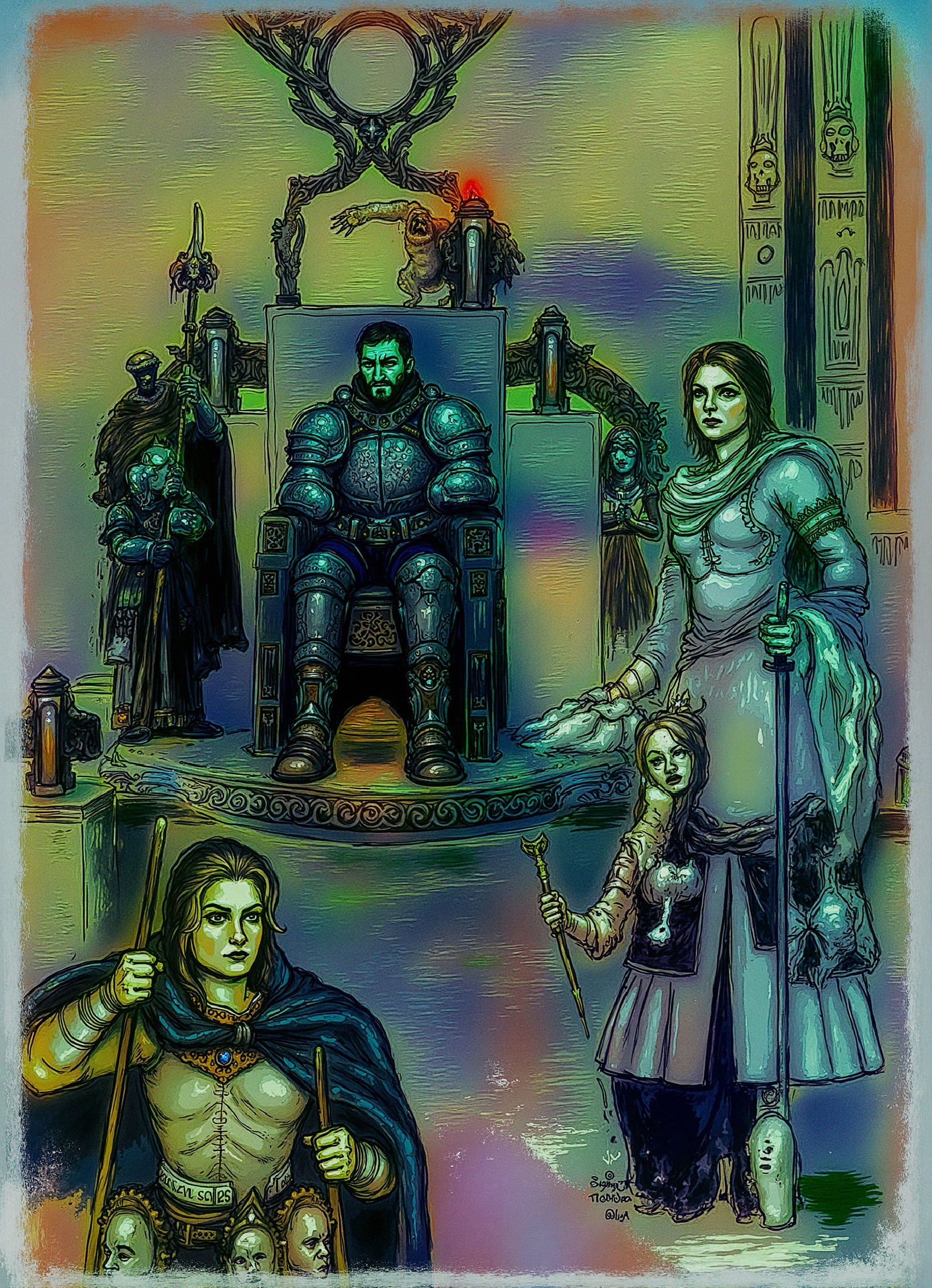 Fantastical Throne Scene with Armored Central Figure