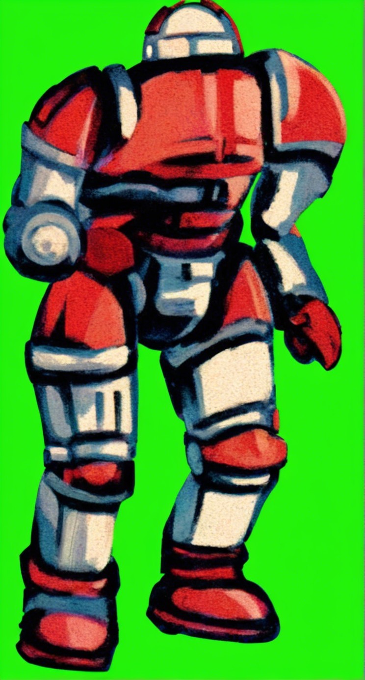 Stylized Red and White Robotic Figure on Green Background