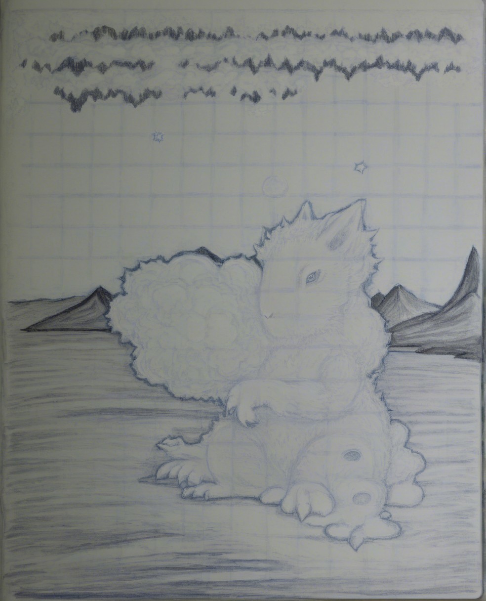 Whimsical Creature in Mountain Landscape with Stars