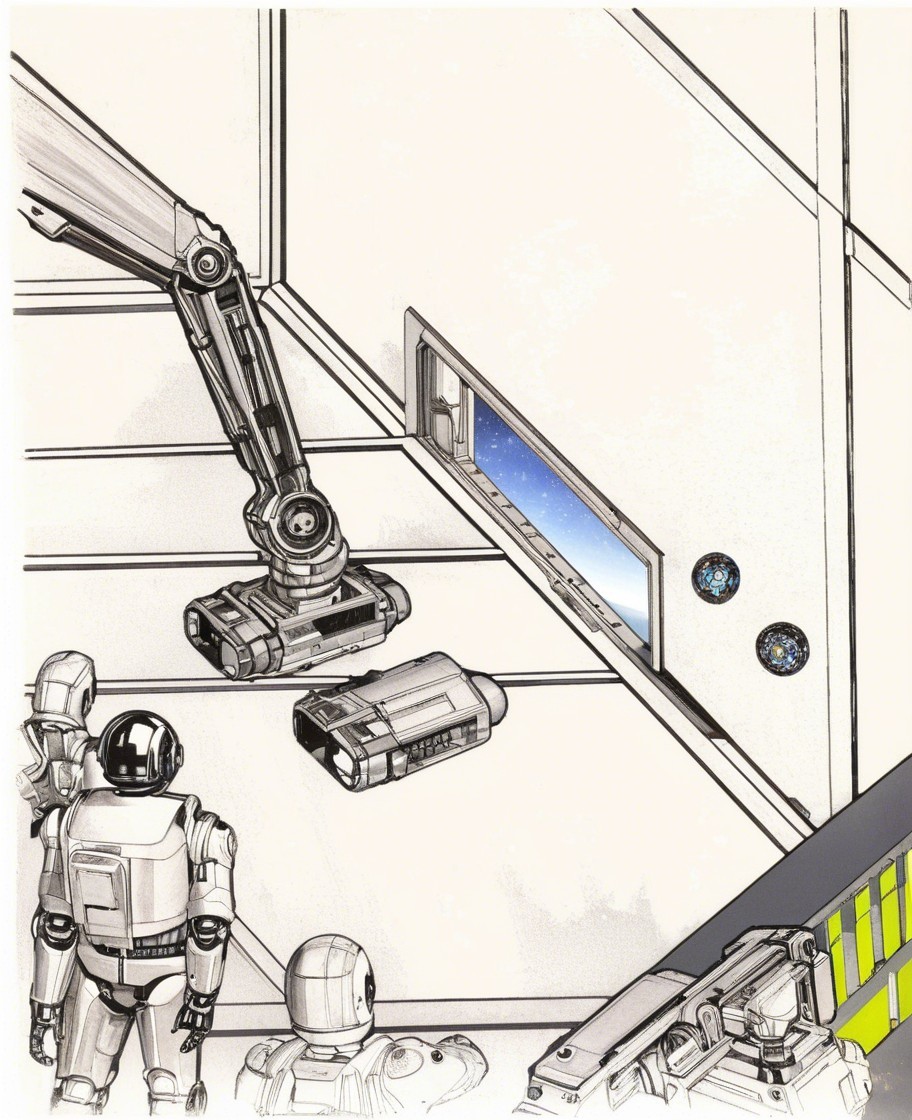 Futuristic Robots Observing Space Landscape Through Window
